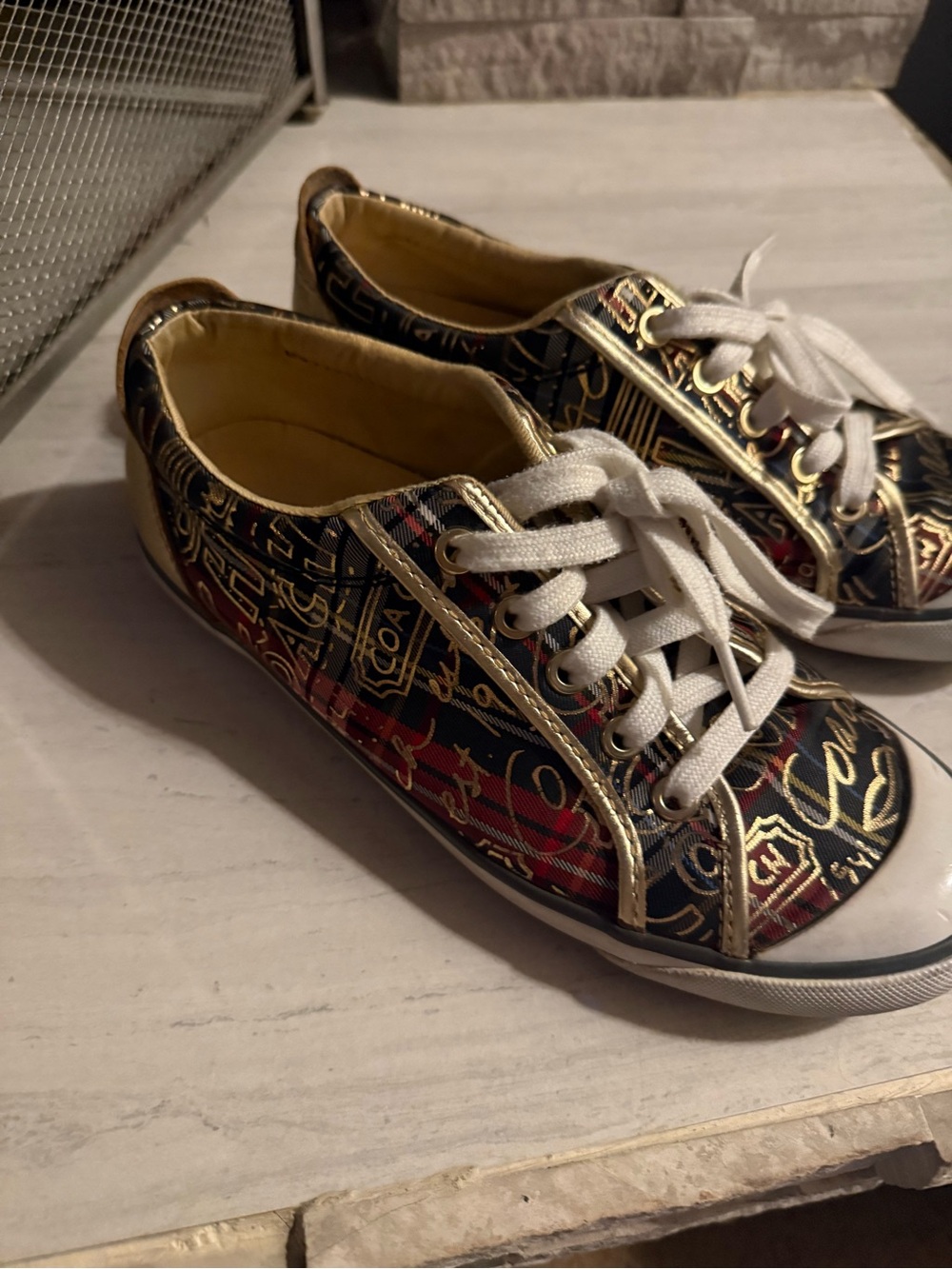 Coach Black and Gold Logo-Print Lace-Up Sneakers with Red Accents